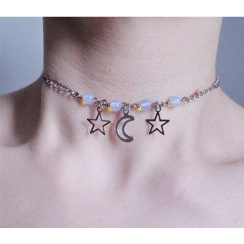 Opalite Moon and Star Choker - Pastel Goth Choker - Kawaii Choker - Nu Goth - Boho Choker - Moon and Star Necklace