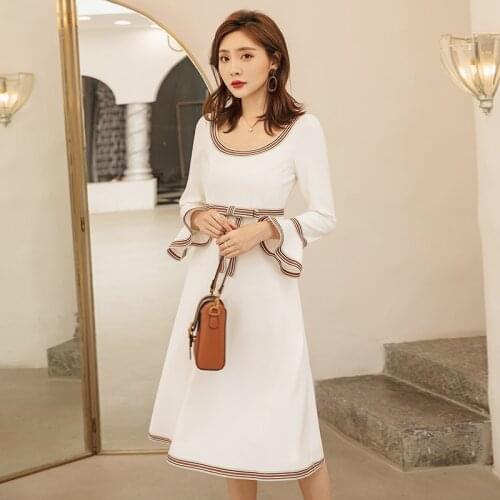 YIGELILA Autumn New Arrivals Patchwork Dress O-neck Full Sleeves With Belt Dress A-line Patchwork Flare Sleeves Dress 65403