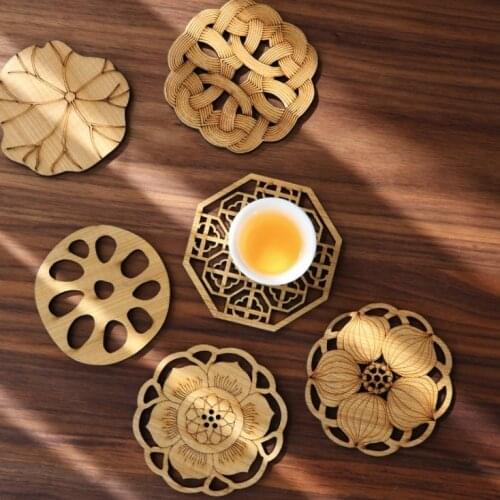 Lotus Shape Drink Coasters Mat Wooden Lotus Root Lotus Leaf Round Cup Table Mat Tea Coffee Mug Placemat Home Decoration Kitchen