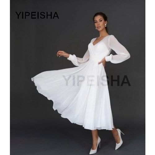 Simple V-Neck Long Sleeve Evening Dresses Backless Tea-Length Chiffon See-Through Prom Party Gown robe de soirée de mariage