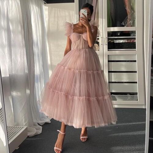 Simple Light Pink Prom Dress Spaghetti Straps Tiered Tulle Sweeheart Tea-Length Wedding Party Gowns Elegant Girls Party Dresses