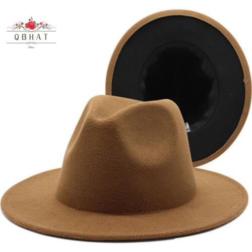 QBHAT High-Q Faux Wool Felt 2 Tone Different Color Wide Brim Women Men Fedora Hat Brown Red Patchwork Jazz Party Formal Hat