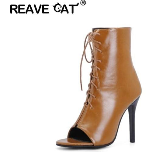 REAVE CAT 2021 Summer Cool Ankle Boots Ladies Party Open Toe Lace Up 11cm Strange Thin Cover Heel US17 Black Blue Brown A4337