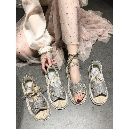 Summer new bright diamond shoes female cross straps anklet style open toe sandals linen flat shoes womens shoes tide