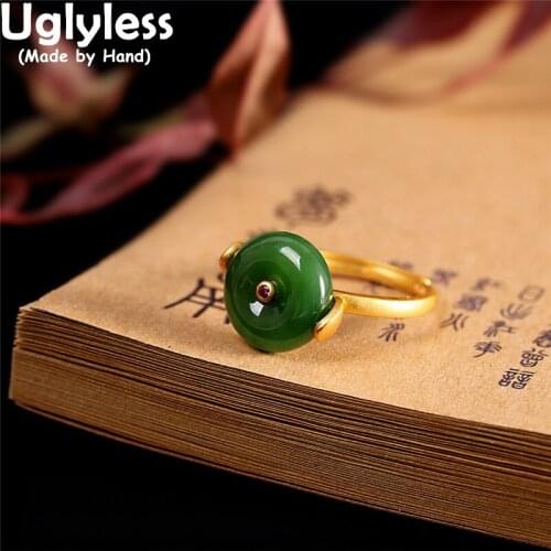 Uglyless Natural Jasper Peace Button Rings for Women Green Jade Gemstones Ethnic Dress Rings 925 Silver Fashion Jewelry Gold