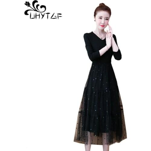 UHYTGF Spring Autumn New 5XL Plus Size Dresses women splice Korean Fashion Mesh Long Dress women V-neck Elegant Dress Female 760