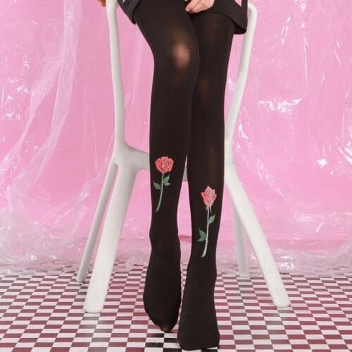 RUNNING CHICK Rose Harajuku Tattoo Print Vintage Black Autumn Women Pantyhose