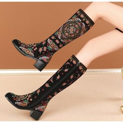 Womens Pointed Toe Embroidery Knee Thigh Boots Block Heel Chelsea Western Shoes Genuine Leather Plus Size New 2022