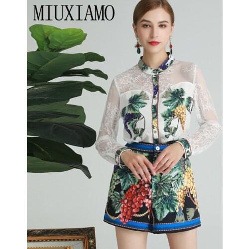 MIUXIMAO 2021 Spring Summer Newest Lace Grape Printed Loose Top + Fruit Pants Fashion Suit 2 Piece Set Women Vestidos