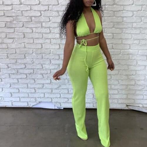 Off The Shoudler Solid Sleeveless Two Piece Set Women Halter Matching Sets Deep V-neck Crop Top+long Pants Sets Streetwear