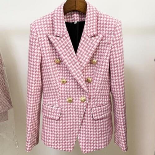 Fashion 2021 Wool Tweed Houndstooth Blazer women metal Double Breasted slim ol small suit plus size