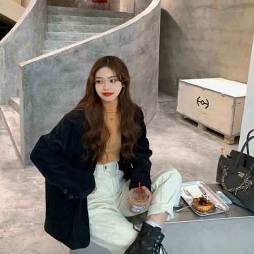 Korean Corduroy Loose Oversized Blazers Women Autumn New Long Sleeved Thick Jacket Single Breasted Black Blazer