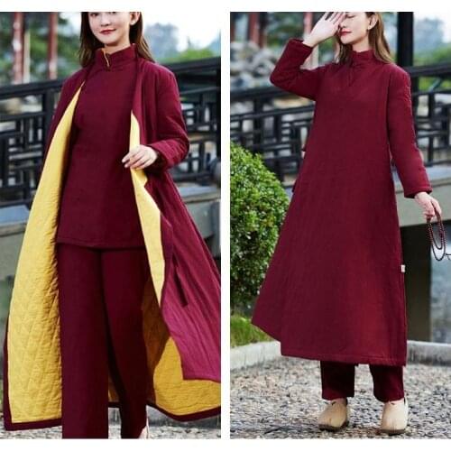 Female winter warm Cotton&linen yoga suiits coat tai chi kung fu gown zen lay robe meditation blue/red