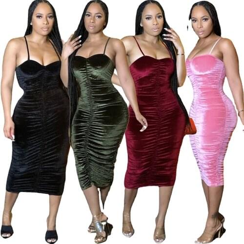 2021 Women Velvet Sleeveless Spaghetti Strap Sheath Elastic Knee-length Dresses Ruched Stacked Dresses Casual Party Club Bodycon