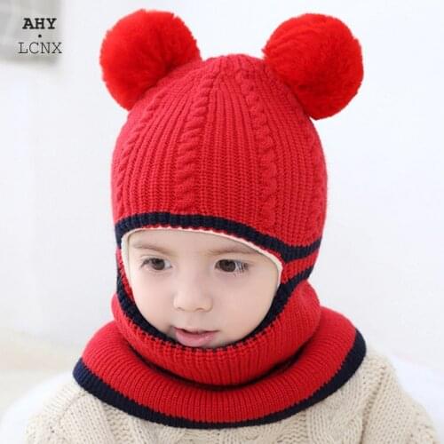 Winter Warm Baby Boy Hat Scarf for Girls Boy Pompom Knit Balaclava Kids Beanie Childrens Hats Scarf Velvet Lining One-piece Cap