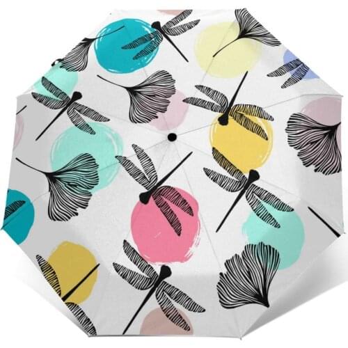 Wind Resistant Fully-Automatic Umbrella Dragonflies And Dots Rain 3 Folding Parasol Travel Car Umbrella