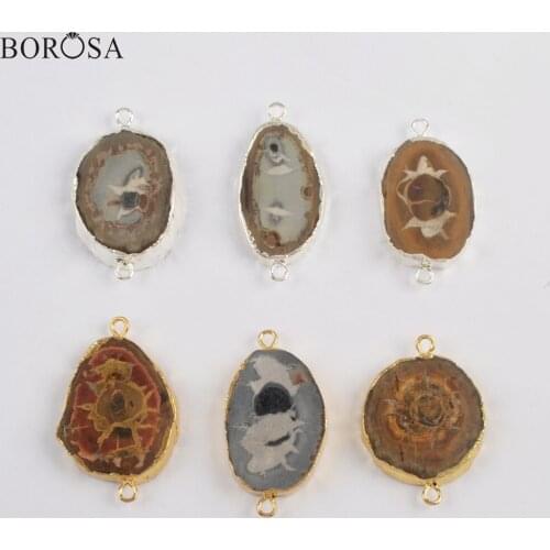 BOROSA 5PCS Gold Plated Natural Fossils Gems Connectors Big Stones Double Charms for Boho Bracelet Women Gifts G1818