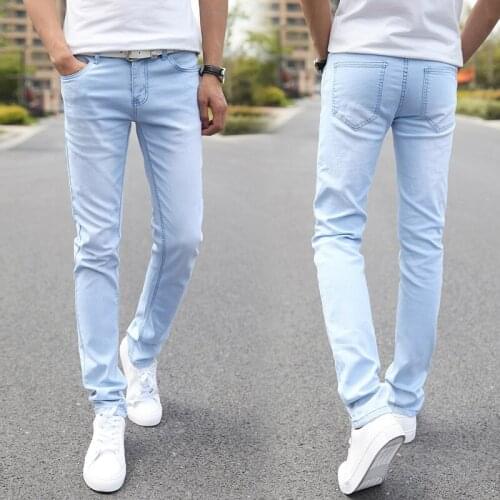 Mens Elastic Waist Skinny Jeans Blue Slim Fit Pencil Pants Casual Biker Trousers Streetwear 2021 High Quality Denim Man Clothing