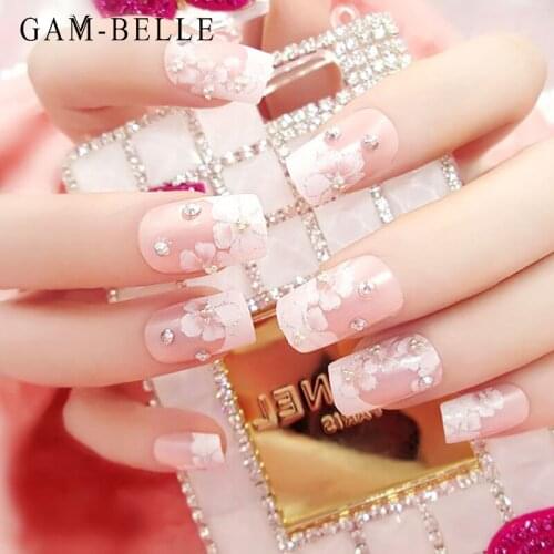 GAM-BELLE French White Flower Fake Nail with Designs French Full Artificial Press On Nails Art Decoration DIY Manicure Tool