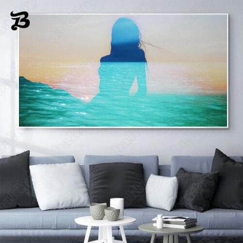 Canvas Painting Wall Art Abstract Figure Painting Silhouettes Seascape Mountain Transparent Girl Posters for Home Decoration
