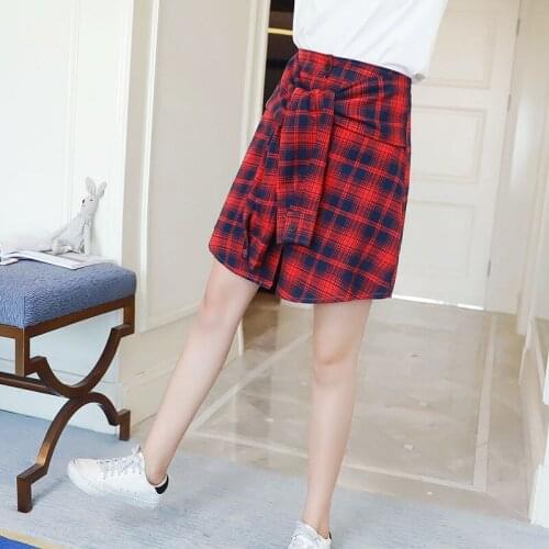 Plaid New fake Red shirt bow skirt women s high waist A line skirt show thin skirt