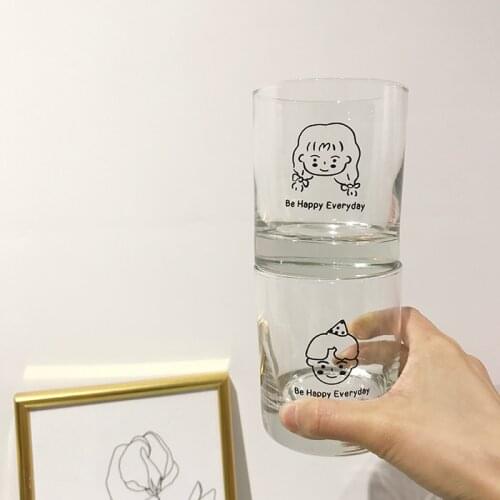 Korean Simple Cartoon Glass Cup Couple Heart Glass Fashion Transparent Water Cup Student Dormitory Copas De Vino Drinkware EB5BL