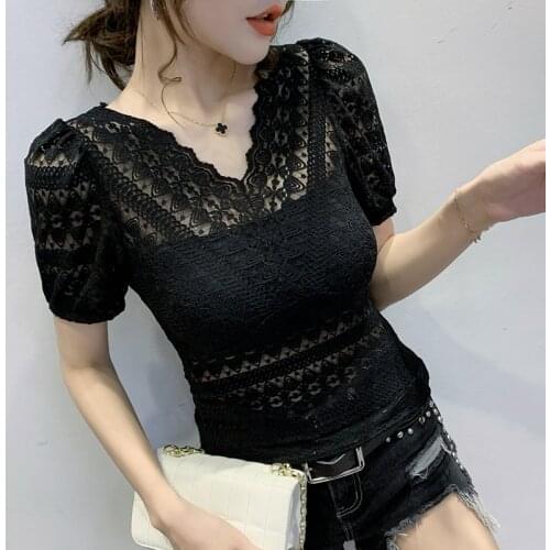 2020 Lace Puff Sleeve New Style Sexy V-neck Lace Fashion Transparent Pullover Lace BLouses Women Shirts Shorts Sleeve V Neck 77B