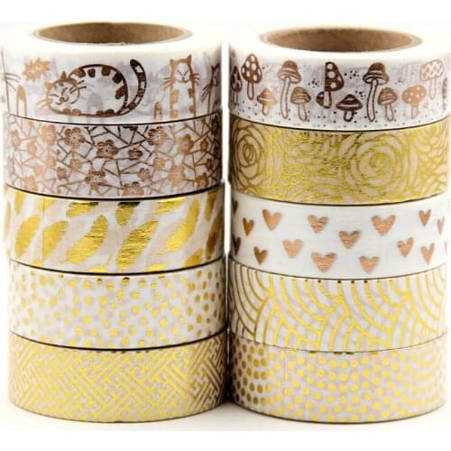 Hot sales!! 10m Gold Foil decorative tape dot, pineapple,heart, strip masking Christmas Japanese washi tape