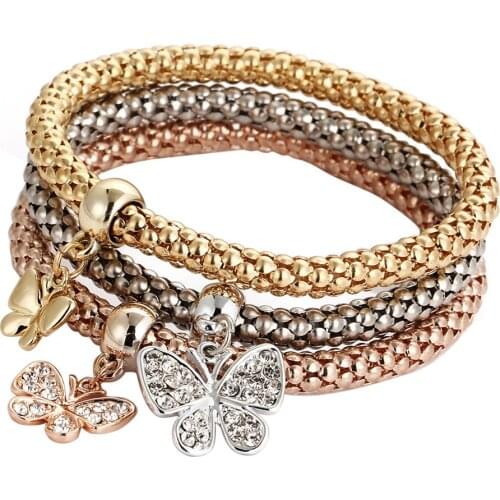 Fashion 3Pcs/Set Alloy Rhinestone Butterfly Pendant Bracelets for Women Charm Jewelry Gift