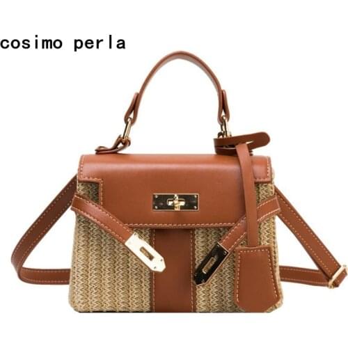 Summer New Box Straw Handbags PU Leather Patchwork Beach Party Travel Crossbody Bags for Women Wicker Rattan basket Purses