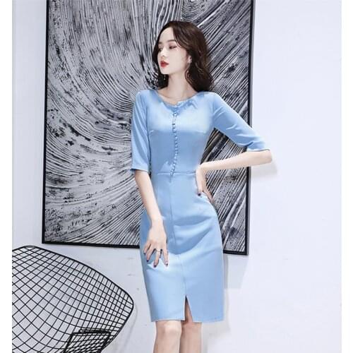 Special Occasion Dresses Vintage V-Neck Short Luxury Blue Button A-Line Zipper Knee-Length Satin Elegant Women Prom Gown E971