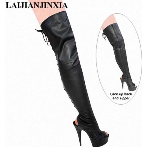 Sexy fish mouth 15 cm high Over-the-Knee boots. Temperament and high heels womens boots. Conical pole dancing boots
