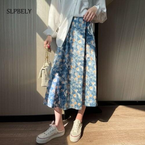 SLPBELY Women Oil Painting Print Women Midi Skirt 2021 Spring Summer New Vintage High-Waisted Skirt Casual Holiday Lady Skirt