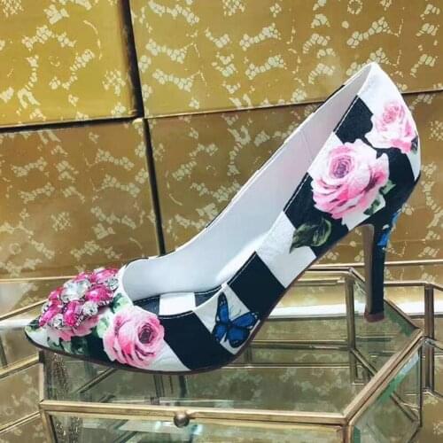 Beauty Floral Rhinestone Jeweled Woman Rose Flower Printing Striped Pumps Pointed toe Slip-on Stilettos Wedding High Heels Shoes