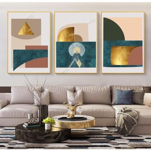 WTQ Nordic Canvas Painting Posters Scandinavian Abstract Marble Golden Geometry Wall Decor Wall Art Picture Room Decor Home Deco