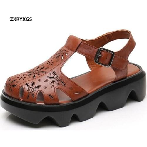 2021 New Fashion Round Toe Top Cowhide Summer Womens Sandals Platform Non-slip Heighten Sandals Fashion Sandals Large Size 43