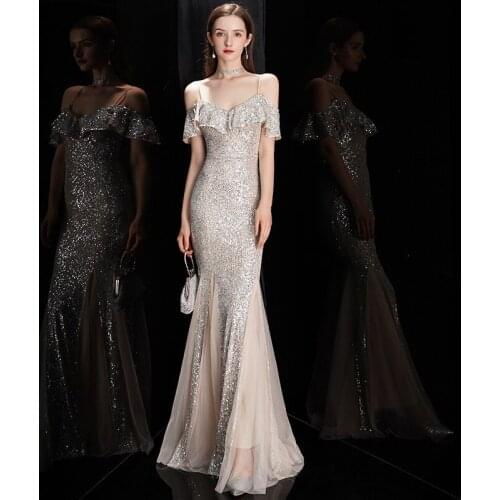 2021 new silver sling off the shoulder long prom gown dress with sexy fishtail slim banquet evening party dress A335