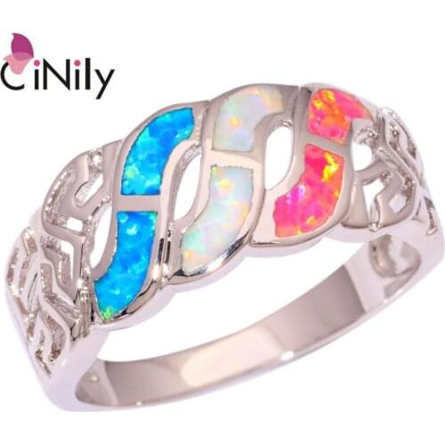 CiNily Created Blue White Pink Fire Opal Silver Plated Ring Wholesale Retail Fashion for Women Jewelry Ring Size 5-11 OJ8026
