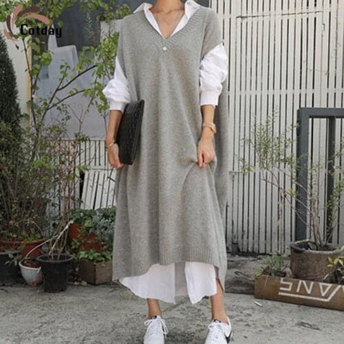 Cotday Knitting Loose Batwing Sleeve Plus Size Women Grey Long Autumn Winter V-neck Oversized Female Vestidos Sweater Dress
