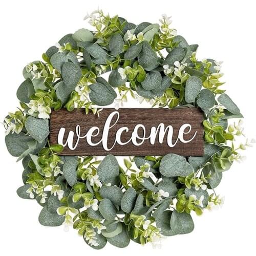 Welcome Sign with Wreaths Rustic Front Door Decor Wood Hanging Sign with Artificial Eucalyptus 16 Inch Farmhouse Porch