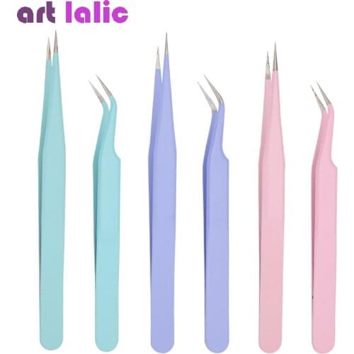 1Pc Nail Art Tweezers Stainless Steel Straight Curved Candy Color Nail Tools Rhinestones Nipper Picking Clip Eyelash Makeup
