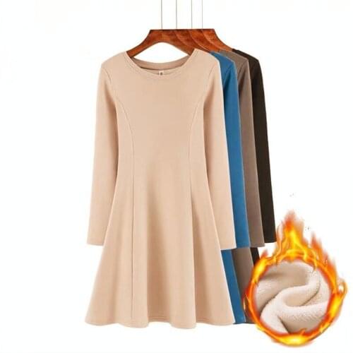 Plus Size M- 6XL 7XL 2020 Thicken Women Winter Dress Long Sleeves A-Line Autumn Dress Warm Fleece Women Basic Dress Vestidos