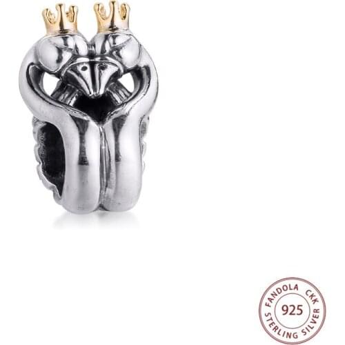 Two-tone Swans & Heart Charms 925 Sterling Silver 14K Gold Beads Women DIY Jewelry Making Fits Pandora Bracelet 2021 Spring New