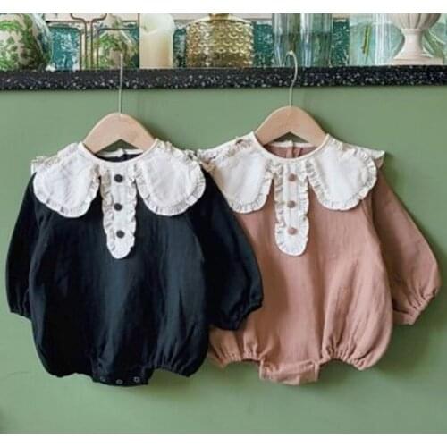 Infant Baby Girl Newborn Rompers Clothes Spring Autumn Kids Girl Long Sleeve Lace Rompers Turn-down Collar Baby Girl Rompers