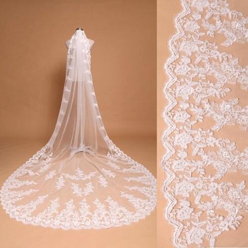 White Ivory Cathedral Long Lace Edge Bridal Veil with Comb Wedding Accessories Bride Mantilla Wedding Veil bridal applique