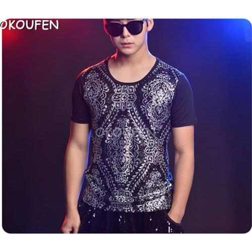 Personality Man Black silver Sequin T-shirt Stage DS Costumes set Nightclub DJ Male singer Dance Costume