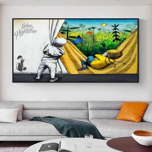 Banksy Original Graffiti Canvas Painting Boy Curtain Wall Street Art Decoration Posters Urban Paradise Pictures for Home Cuadros