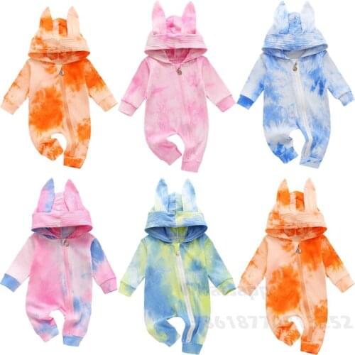 0-24M Baby Tie Dye Romper Long Sleeve Zipper Knitting Soft Hooded Tie Dyeing Jumpsuit Suit For Baby Boys Girls Autumn Clothing