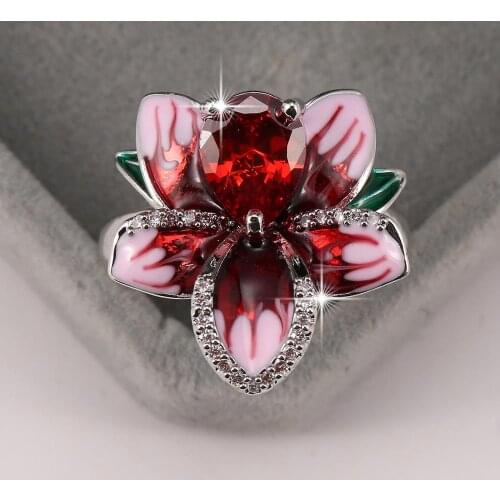 Lingmei Wholesale New Fashion Wedding Band Flower Jewelry Red White Zircon Silver Color Ring Size 6 7 8 9 Gorgeous Elegant Gift