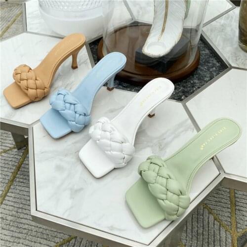 2021 Luxury Slides Women 9cm High Heels Mules Fetish Summer Sandals Low Heels Slippers Prom Platform Stripper Green Blue Shoes